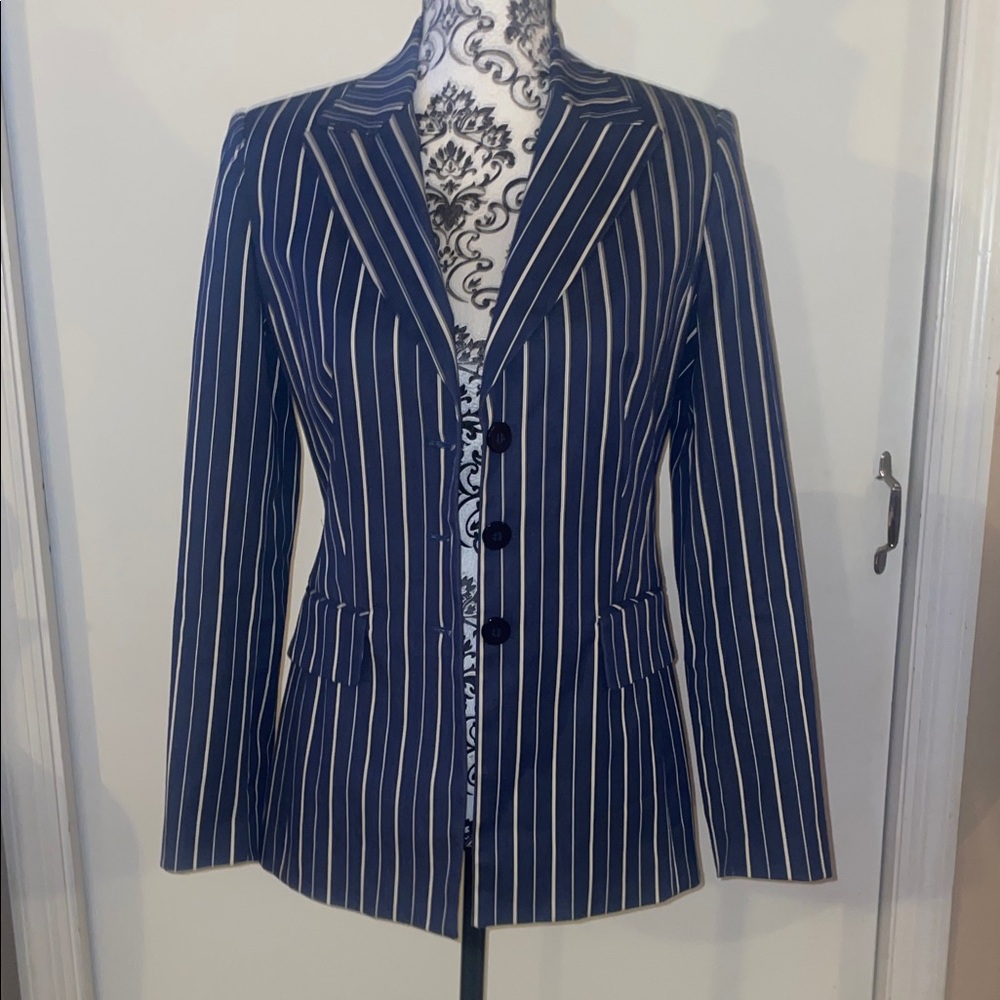 b new york Navy and White Striped Blazer
